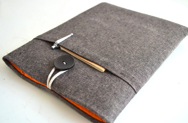 Brown Linen Laptop Sleeve, Custom Fit, Padded Pocket, Classic Look image 5