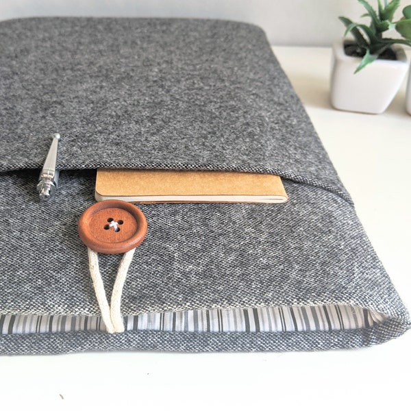 13.3", 13.6", 14" to 16" MacBook Air / Pro Sleeve Custom Fit Laptop, Chromebook Padded Pocket - Wooly Gray and Stripes