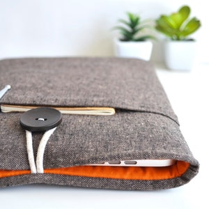 Brown Linen Laptop Sleeve, Custom Fit, Padded Pocket, Classic Look image 1