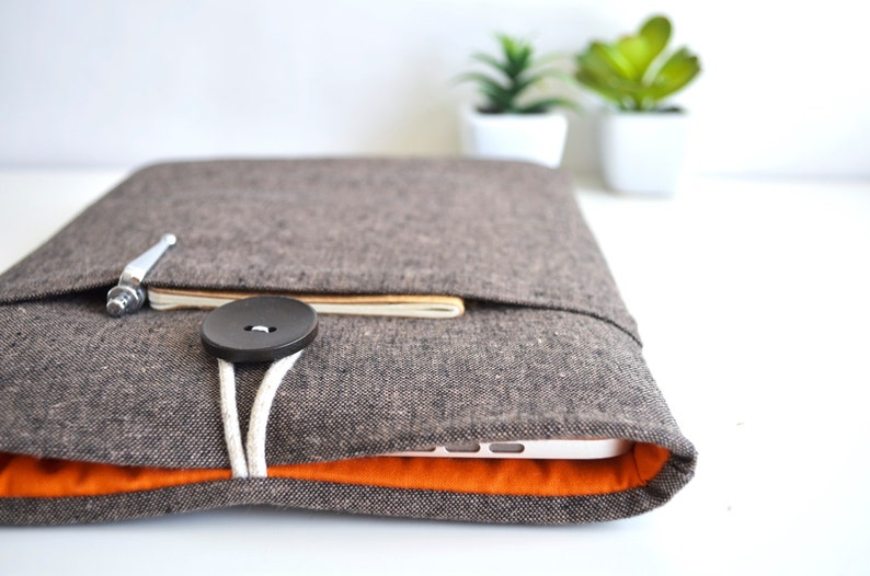 Brown Linen Laptop Sleeve, Custom Fit, Padded Pocket, Classic Look image 1