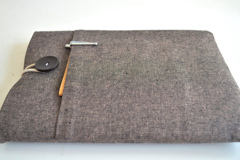 Brown Linen Laptop Sleeve, Custom Fit, Padded Pocket, Classic Look image 3