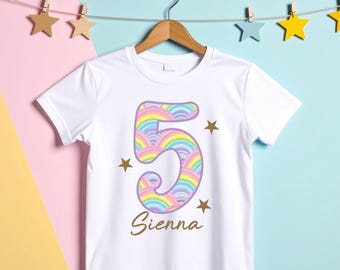 Personalised Girls Rainbow & stars Birthday T-shirt ages 1-9