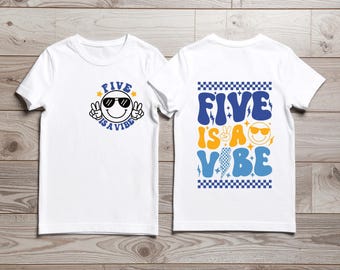 Five is a vibe boys 5th birthday t-shirt front and back retro hippy design