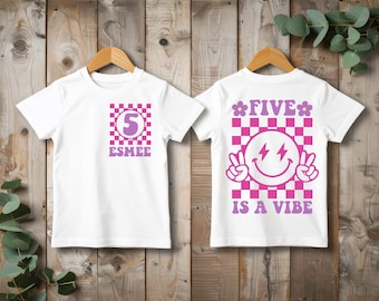 Five is a vibe girls 5th birthday t-shirt front and back retro hippy design