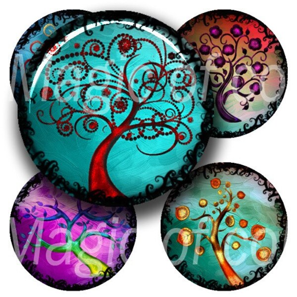 Stylized Curl Colourful Trees - 63  1 Inch Circle JPG images - Digital  Collage Sheet