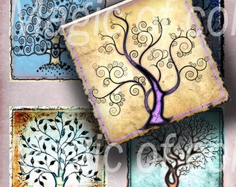 Delicate Colourful Trees - 63  1x1 Inch Square JPG images - Digital  Collage Sheet