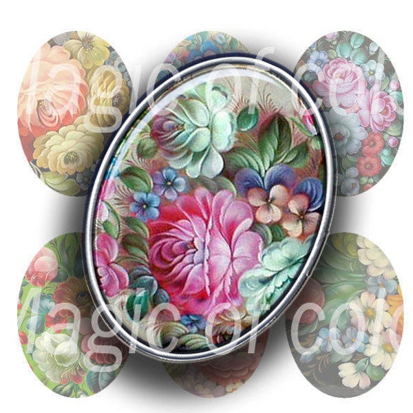 Vintage Russian Style Flowers - 90  18x25 mm Oval  JPG images - Digital  Collage Sheet