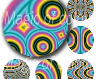 Digital Collage of  Original Color Blue and Yellow Patterns  - 63  1x1 Inch Circles JPG images - Digital  Collage Sheet