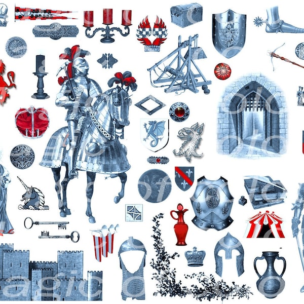 Collage numérique de moyen Age chevalier Illustration - Clip images Art 50 JPG - feuilles de Collage numérique