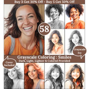 Smiles: 58 Grayscale Coloring Pages for Adults with Dark, Light, and Colored References, Digital Printable Art Sheets for Relaxation