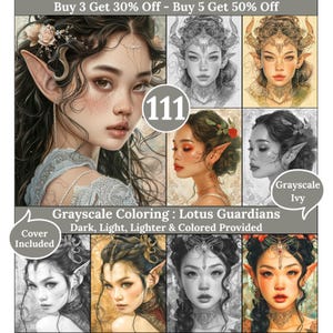 Peut inclure: Un ensemble de huit pages à colorier en niveaux de gris représentant des illustrations de personnages ressemblant à des elfes avec des détails complexes. Le titre "Grayscale Coloring: Lotus Guardians" est affiché en haut de l'image. Le texte "Dark, Light, Lighter & Colored Provided" est également inclus. Le texte "Cover Included" est affiché dans une bulle de dialogue.