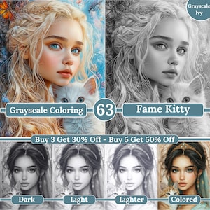 May include: A digital art print featuring a woman with long blonde hair and blue eyes, holding a white cat. The image is split, with one side in color and the other in grayscale. Text includes "Grayscale Coloring" and "Fame Kitty".
