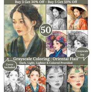 Peut inclure: Un ensemble de 50 pages à colorier en niveaux de gris représentant des femmes en vêtements traditionnels asiatiques avec des accents floraux. Les pages présentent une variété de poses et d'expressions, et sont parfaites pour les adultes et les enfants qui aiment colorier.