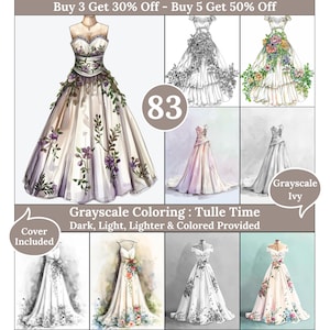 Peut inclure: Plusieurs illustrations de robes de mariée. Les robes présentent différents styles, y compris des options florales et en niveaux de gris. Le texte "Grayscale Coloring: Tulle Time" et "Cover Included" est inclus.