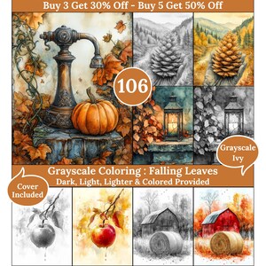 Peut inclure: Une collection de pages à colorier en niveaux de gris sur le thème de l'automne. L'image comprend une citrouille, des feuilles et une lanterne. Le texte comprend "Grayscale Coloring: Falling Leaves" et "Cover Included."
