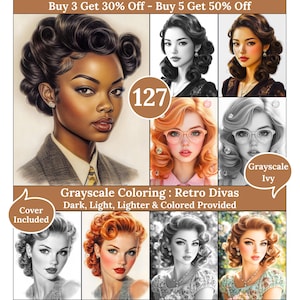 Pode incluir: Um conjunto de 6 páginas para colorir em tons de cinza com divas retrô com diferentes penteados. As páginas incluem uma versão escura, clara, mais clara e colorida de cada imagem. O texto "Grayscale Coloring: Retro Divas" e "Dark, Light, Lighter & Colored Provided" está incluído na imagem. O texto "Cover Included" também está incluído na imagem.