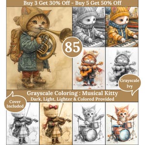 Puede incluir: Un libro de colorear digital que presenta ocho ilustraciones de gatos tocando instrumentos musicales. Las ilustraciones incluyen un gato tocando la trompeta, un gato tocando la guitarra, un gato tocando el piano, un gato tocando la batería y un gato tocando el violín. El libro para colorear se titula "Grayscale Coloring: Musical Kitty" e incluye el texto "Dark, Light, Lighter & Colored Provided".