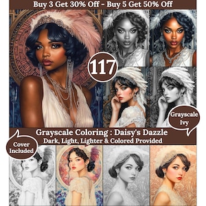 May include: A digital art print featuring a collection of portraits in various styles. The image includes a central portrait of a woman with dark hair and a white dress, surrounded by grayscale and colored versions. Text includes "Grayscale Coloring: Daisy's Dazzle."
