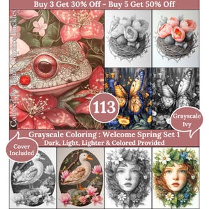 Könnte beinhalten: Eine Sammlung von Graustufen-Malvorlagen mit Frühlingsmotiven. Das Set enthält Bilder von einem Frosch, Blumen, Schmetterlingen und Porträts. Der Text auf dem Bild lautet "Grayscale Coloring: Welcome Spring Set 1".