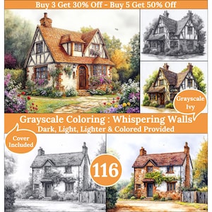 Peut inclure: Plusieurs images d'un charmant cottage avec un toit en tuiles rouges et des murs en pierre, entouré de jardins fleuris. Comprend des versions en niveaux de gris et le texte "Grayscale Coloring: Whispering Walls".