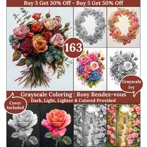 Peut inclure: Un ensemble de six pages à colorier représentant différentes compositions de roses. Les pages comprennent un bouquet de roses, une couronne de roses, une rose unique et un chemin de jardin bordé de roses. Les pages sont intitulées "Coloriage en niveaux de gris : Rendez-vous romantique" et "Fourni en foncé, clair, plus clair et en couleur".