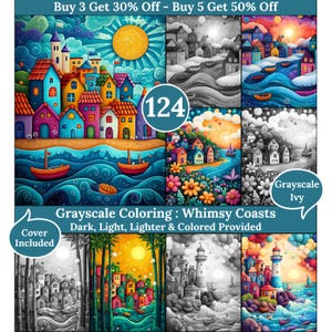 Peut inclure: Une collection de pages de coloriage en niveaux de gris représentant des scènes côtières fantaisistes. Les images incluent des maisons colorées, des bateaux et des phares. Le texte sur l'image indique "Grayscale Coloring: Whimsy Coasts" et "Cover Included".