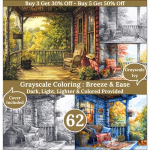 Peut inclure: Une couverture de livre de coloriage en niveaux de gris avec une scène de véranda, comprenant un fauteuil à bascule et un feuillage d'automne. Le texte indique "Grayscale Coloring: Breeze & Ease" et "Cover Included". L'image montre également une version couleur et une version en niveaux de gris.