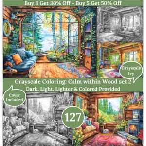 Può includere: Un set di libri da colorare in scala di grigi intitolato "Calm within Wood set 2" con copertina inclusa. L'immagine mostra un interno accogliente con un divano, grandi finestre e un camino. Il set include versioni scure, chiare, più chiare e colorate.