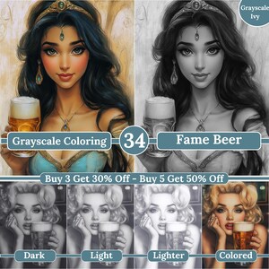May include: Grayscale coloring book featuring a woman holding a beer. The image is split into four sections: colored, grayscale, and variations labeled "Dark", "Light", and "Lighter". Text includes "Grayscale Coloring", "Fame Beer", and "Buy 3 Get 30% Off - Buy 5 Get 50% Off".