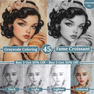 May include: Digital art featuring a woman with dark hair and a croissant, presented in grayscale and color variations. The image includes text that reads "Grayscale Coloring" and "Fame Croissant". Additional options include "Dark", "Light", "Lighter", and "Colored".