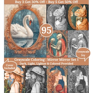 Può includere: Una collezione di pagine da colorare in scala di grigi con varie immagini all'interno di cornici dorate ornate. Le immagini includono un cigno, gatti, cavalieri e ritratti di donne. Il testo sull'immagine recita "Grayscale Coloring: Mirror Mirror Set 1".