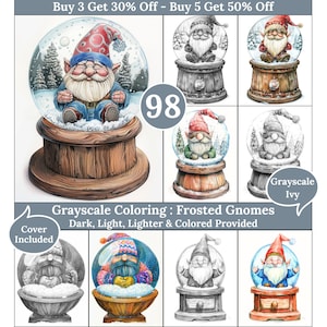 Peut inclure: Un ensemble de neuf pages à colorier en niveaux de gris représentant des gnomes à l'intérieur de globes à neige. Les gnomes portent des bonnets et des écharpes d'hiver. Les globes à neige sont sur des socles en bois. Le texte "Grayscale Coloring: Frosted Gnomes" est en haut de l'image. Le texte "Dark, Light, Lighter & Colored Provided" est sous le titre. Le texte "Cover Included" est dans le coin inférieur gauche de l'image.