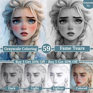 May include: Digital art featuring a woman with blonde braids and blue eyes, tears streaming down her face. The image is split, with one side in color and the other in grayscale. Text includes "Grayscale Coloring," "Fame Tears," and discount offers.