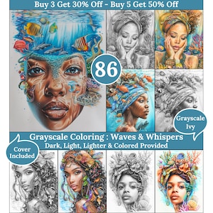 Peut inclure: Un ensemble de 86 pages à colorier en niveaux de gris représentant une femme avec une couronne de vie marine sous-marine. Les pages comprennent une version sombre, claire, plus claire et colorée de l'image. Le texte "Grayscale Coloring: Waves & Whispers" est inclus dans l'image.