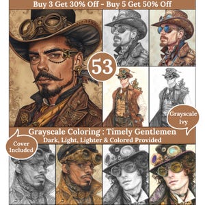 Peut inclure: Un ensemble de 53 pages à colorier en niveaux de gris représentant des gentlemen steampunk avec des détails complexes. Les pages comprennent des versions foncées, claires, plus claires et colorées. Couverture incluse.