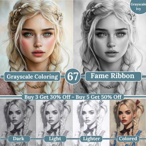 Fame Ribbon, 67 Printable Grayscale Coloring, Dark Light Lighter & Colored Illustrations provided, Fantasy, D. Princess, Movie stars