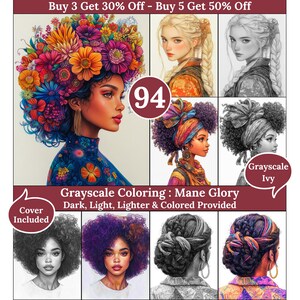 Peut inclure: Collection d'art numérique présentant des portraits avec diverses coiffures, notamment des arrangements floraux colorés et des illustrations en niveaux de gris. Le texte "Grayscale Coloring: Mane Glory" et "Cover Included" est inclus.