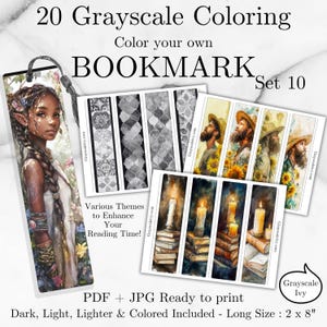 May include: A set of grayscale coloring bookmarks with various themes, including portraits, patterns, and candlelit scenes. The bookmarks are 2 x 8 inches and ready to print in PDF and JPG formats. The set includes dark, light, lighter, and colored options.