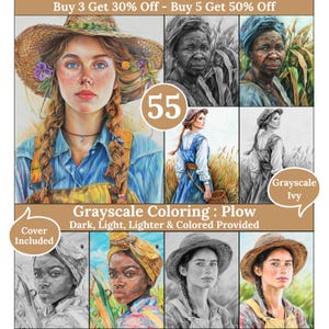 Peut inclure: Une page de coloriage numérique représentant une femme aux longues tresses portant un chapeau de paille et une chemise bleue. L'image est en niveaux de gris et comprend un titre "Grayscale Coloring: Plow" et le texte "Dark, Light, Lighter & Colored Provided".