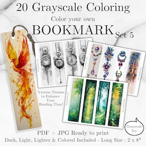 Color your own Bookmark Set 5, 20 Grayscale Coloring, PDF and JPG Ready to print, Dark, Light, Lighter & Colored Version, Long Size 2 x 8"