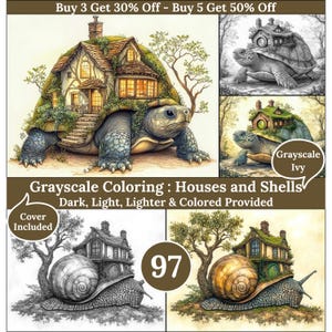 Peut inclure: Illustration fantastique d'une tortue avec une maison sur le dos et d'un escargot avec une maison sur sa coquille. Le texte indique "Grayscale Coloring: Houses and Shells" et "Cover Included".