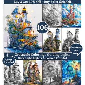 May include: A digital coloring book featuring a grayscale illustration of a lighthouse on a cliff with a winding staircase. The book includes multiple versions of the image in different shades of gray, as well as a colored version. The title of the book is "Grayscale Coloring: Guiding Lights" and the text "Dark, Light, Lighter & Colored Provided" is also included.