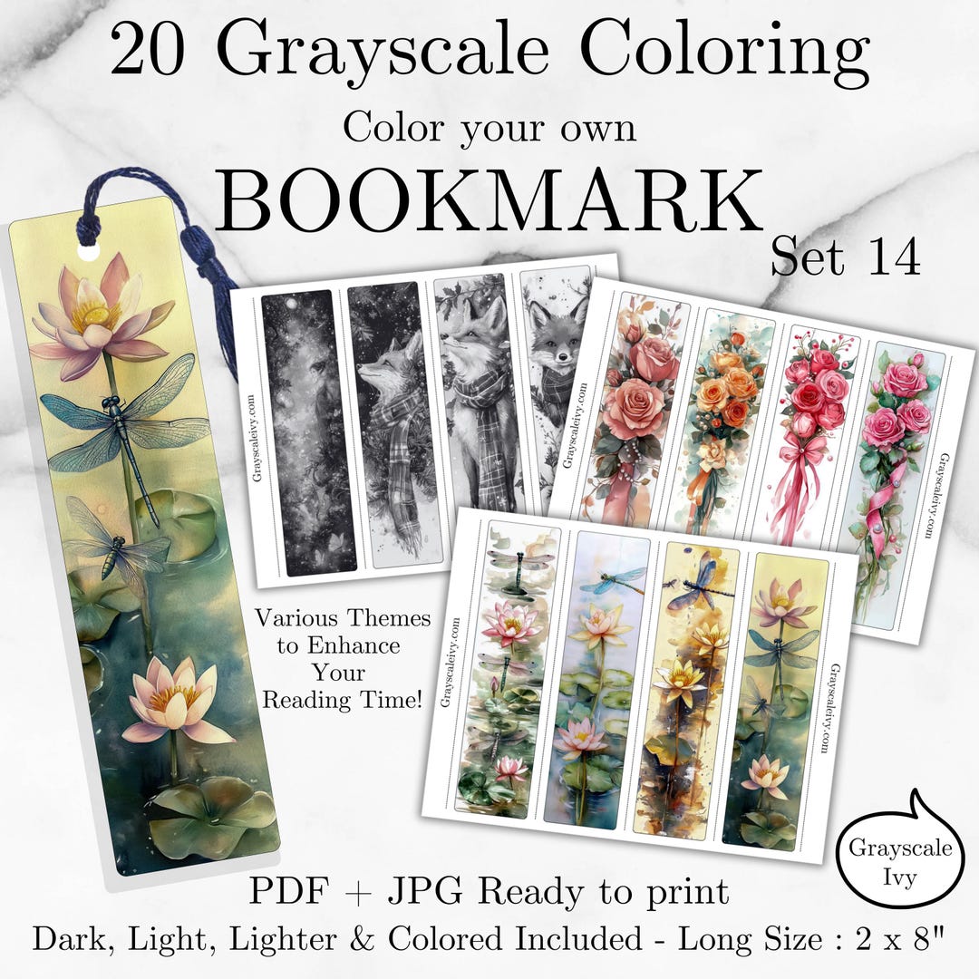 Color Your Own Bookmark Set 14, 20 Grayscale Coloring, PDF and JPG ...