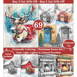 Könnte beinhalten: Eine Sammlung von Malvorlagen mit Weihnachtsszenen in Graustufen. Die Bilder zeigen ein Rentier, das einen Schlitten zieht, dekorierte Türen und einen gemütlichen Kamin. Der Text lautet "Grayscale Coloring: Christmas Scene Set 2".