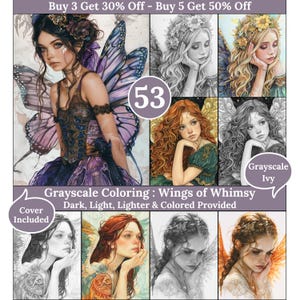 Peut inclure: Un ensemble de 53 pages de coloriage en niveaux de gris représentant des fées avec des ailes. Les pages comprennent des versions foncées, claires, plus claires et colorées. La couverture est incluse.