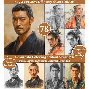 Peut inclure: Une page de coloriage d'art numérique représentant un homme en tenue traditionnelle japonaise. L'image est en niveaux de gris et comprend une variété de nuances de gris. Le titre "Grayscale Coloring: Silent Strength" est affiché en haut de l'image. Le texte "Dark, Light, Lighter & Colored Provided" est affiché sous le titre. Le texte "Cover Included" est affiché dans le coin inférieur gauche de l'image.