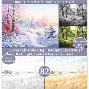 May include: A set of four grayscale coloring pages featuring winter landscapes. The pages include a snowy forest path, a forest with green trees, a field of tall grass, and a blank cover page. The text "Grayscale Coloring: Radiant Horizons" is displayed on the top of the page. The text "Dark, Light, Lighter & Colored Provided" is displayed below the title. The text "Cover Included" is displayed in a speech bubble on the left side of the page. The number "82" is displayed in a purple circle on the right side of the page.