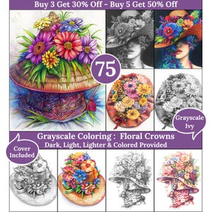 Peut inclure: Un ensemble de huit pages à colorier représentant des couronnes de fleurs. Les pages présentent une variété de styles, notamment un chapeau de paille avec des fleurs, une femme portant une couronne de fleurs et une couronne de fleurs sur une table. Les pages sont intitulées "Coloriage en niveaux de gris : Couronnes florales" et "Foncé, clair, plus clair et coloré fourni".