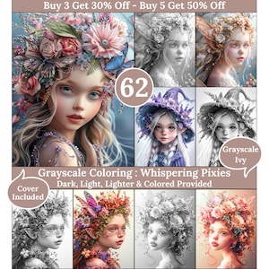 Peut inclure: Une collection d'impressions d'art numérique représentant des portraits de fées. Les images présentent des illustrations détaillées de pixies avec des couronnes florales, des papillons et des variations en niveaux de gris. Le texte comprend "Grayscale Coloring: Whispering Pixies".