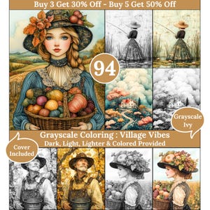 Peut inclure: Une impression d'art numérique représentant une femme en robe bleue et chapeau, tenant un panier de produits. L'image fait partie d'un livre de coloriage en niveaux de gris intitulé "Village Vibes", avec diverses versions en niveaux de gris et en couleurs. Le texte "Buy 3 Get 30% Off - Buy 5 Get 50% Off" est en haut.